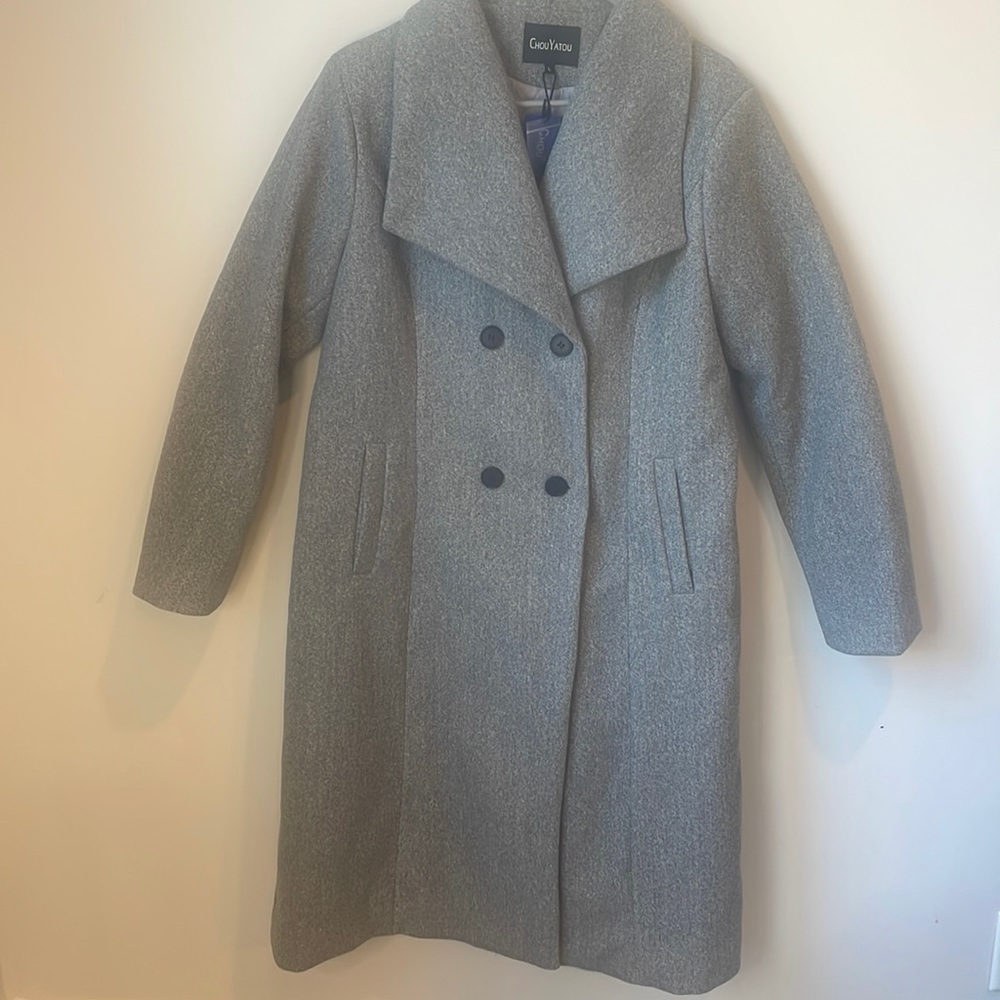 Women’s gray pea coat size Large, NEW